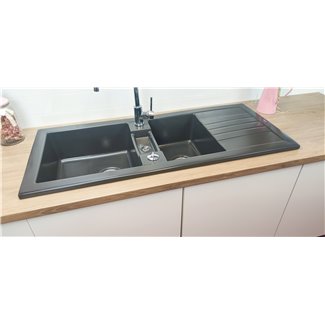 Soft Recessed Ceramic Sink 2 Bowls + Anthracite Drainer