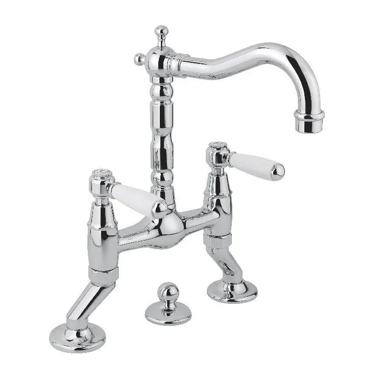 Deck Sink Faucet With White Handle And Brass Drain